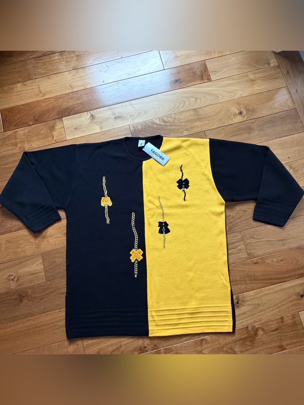 Vintage Tagore Olene Colorblock Sweater Black Yellow Embroidery Appliqué NWT 1X